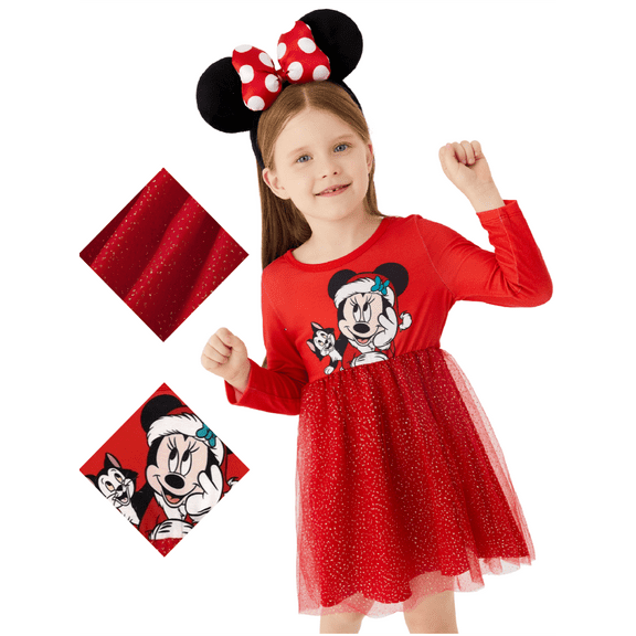 Disney Mickey Mouse Christmas Girls Dresses Graphic Long Sleeves Mesh Overlay Sparkle Outfits Sizes 2-6