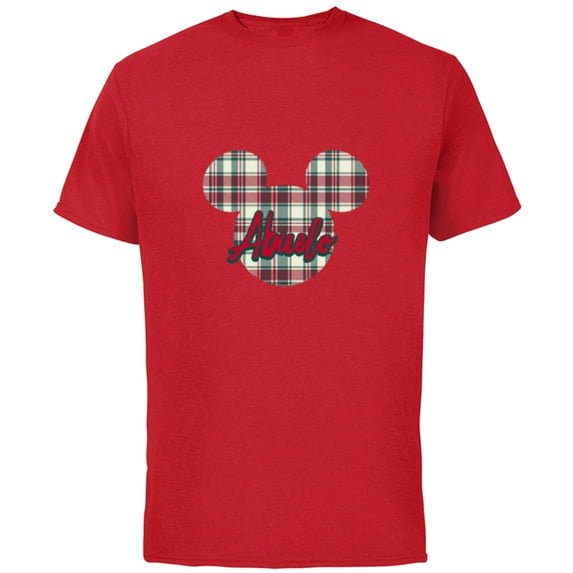 Disney Mickey Mouse Christmas Holiday Plaid for Abuelo - Short Sleeve Cotton T-Shirt for Adults - Customized-Red