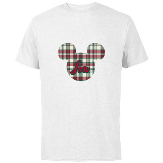 Disney Mickey Mouse Christmas Holiday Plaid for Son - Short Sleeve Cotton T-Shirt for Adults - Customized-White