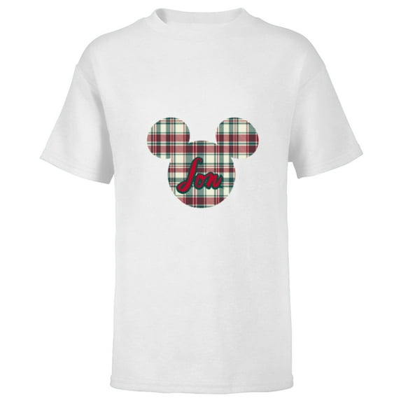 Disney Mickey Mouse Christmas Holiday Plaid for Son - Short Sleeve T-Shirt for Kids - Customized-White
