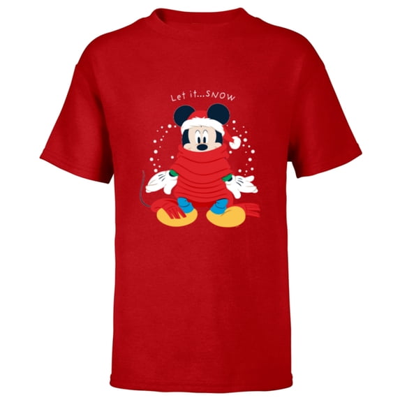Disney Mickey Mouse Christmas Santa Hat & Scarf Let it Snow - Short Sleeve T-Shirt for Kids - Customized-Red