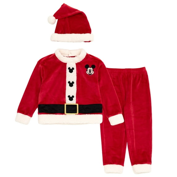 Disney Mickey Mouse Christmas Velour Sweatshirt, Jogger Pants and Santa Hat 3 Piece Outfit Set Newborn to Big Kid