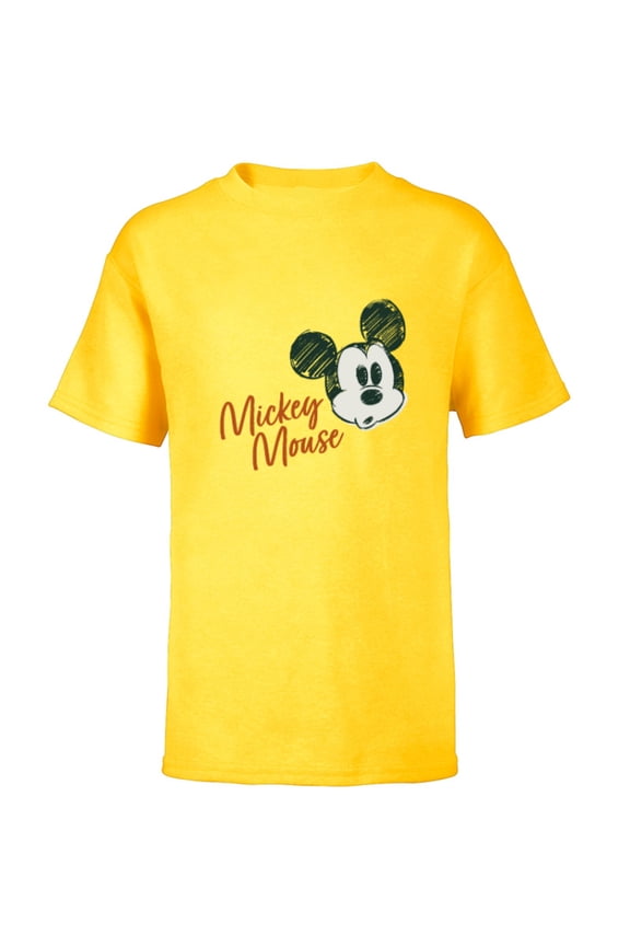 Mickey Mouse Classic Retro Vintage Sketch Face & Name - Short Sleeve T-Shirt for Kids - Customized-Yellow