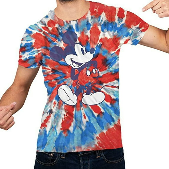 Disney Mickey Mouse Classic Shmile T-Shirt for Men Adult Merch Graphic Tshirt Men's Tee 2X 2XL XX-Large Tie Dye Vintage Disneyland World Red Blue White Spiral Wash, XX-Large