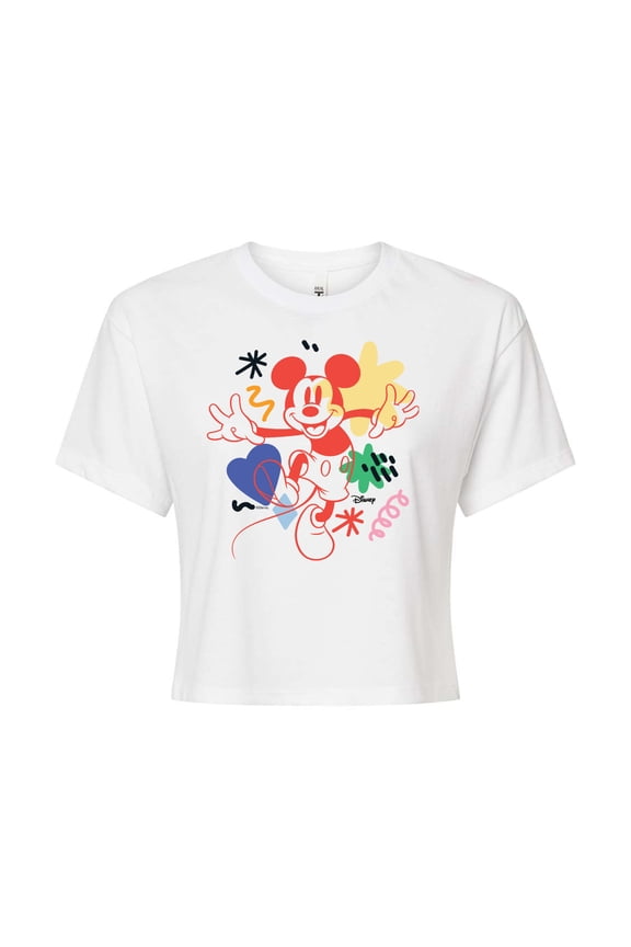 - Mickey Mouse - Colorful Retro Style - Juniors Cropped Cotton Blend T-Shirt
