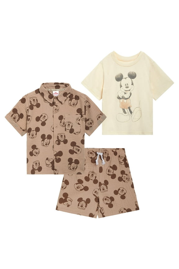 Mickey Mouse Cotton Gauze Button Down Shirt, T-Shirt and Shorts 3 Piece Outfit Set Infant to Little Kid