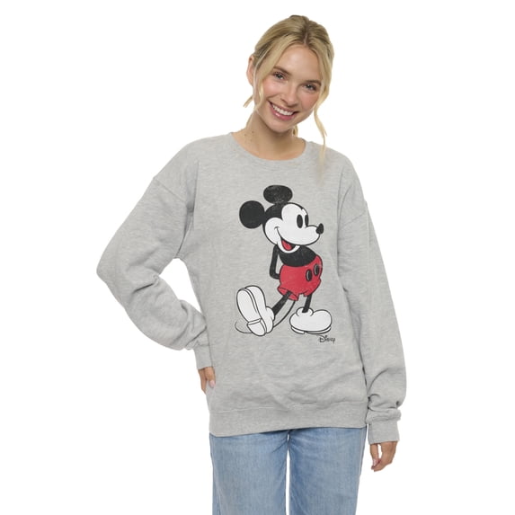 Women's Mickey Mouse Sweatshirt Crew Neck Gray Classic Distressed Print Disney