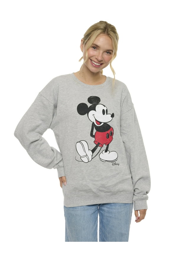 Women's Mickey Mouse Sweatshirt Crew Neck Gray Classic Distressed Print Disney