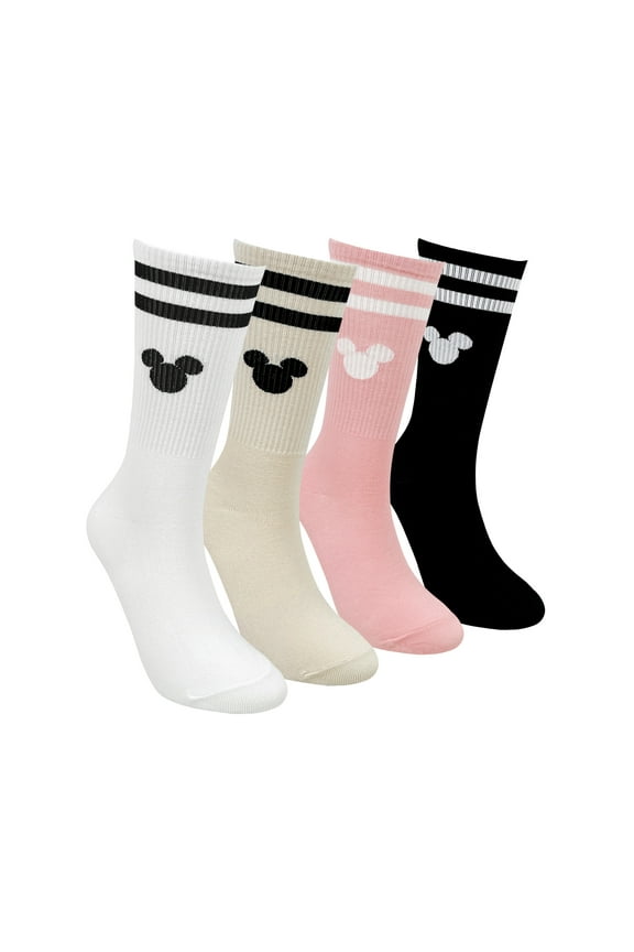 Mickey Mouse Crew Socks Collection, 4 Pairs set, Athletic Striped Design, Multi Color