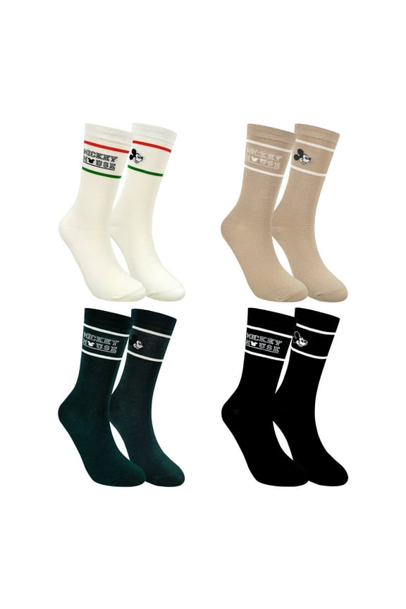 Mickey Mouse Crew Socks Collection, 4 Pairs set, Athletic Striped Design, Multi Color