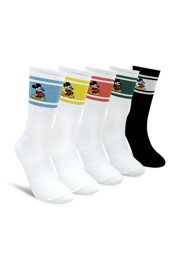 Mickey Mouse Crew Socks Collection, 5 Pairs set, Athletic Striped Design, Multi Color