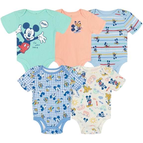 Disney Mickey Mouse Donald Duck Pluto 5 Pack Ribbed Bodysuits Gingham Newborn to Infant