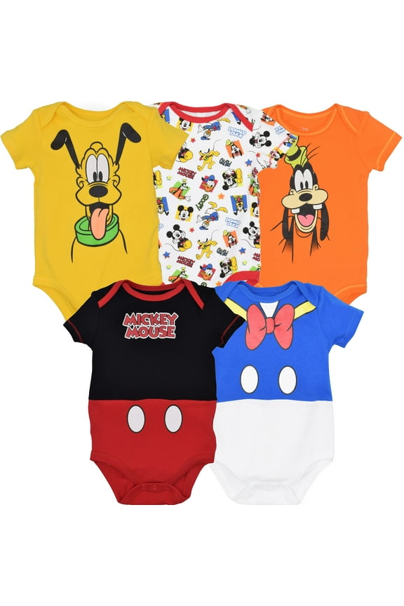 Disney Mickey Mouse Donald Duck Pluto Infant Baby Boys 5 Pack Cuddly Bodysuits Newborn to Infant