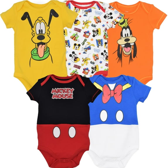 Disney Mickey Mouse Donald Duck Pluto Newborn Baby Boys 5 Pack Cuddly Bodysuits Newborn to Infant