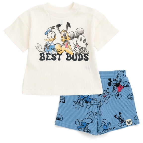 Disney Mickey Mouse Donald Duck Pluto Newborn Baby Boys Waffle knit T-Shirt Shorts Outfit Set Newborn to Toddler