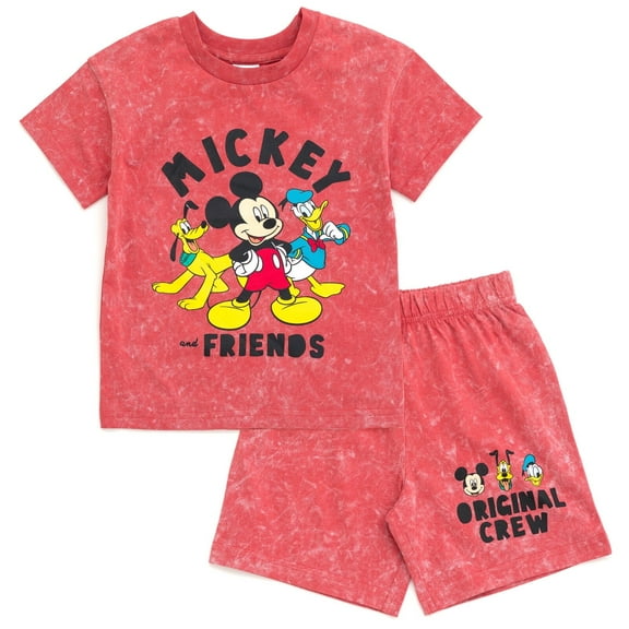 Disney Mickey Mouse Donald Duck Pluto Toddler Boys Vintage Wash Drop Shoulder T-Shirt & Shorts Outfit Set Red 2T