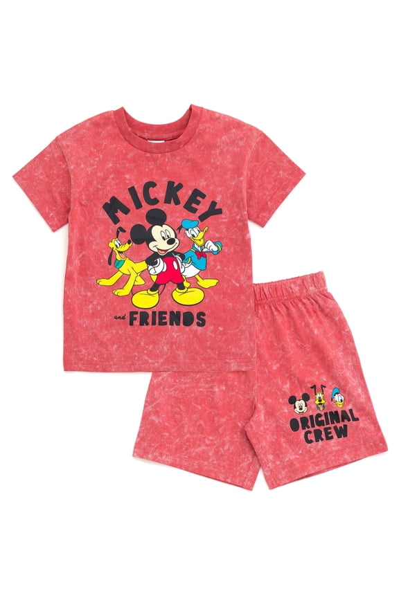 Mickey Mouse Donald Duck Pluto Toddler Boys Vintage Wash Drop Shoulder T-Shirt & Shorts Outfit Set Red 3T