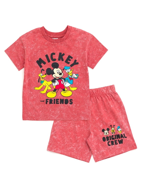 Mickey Mouse Donald Duck Pluto Toddler Boys Vintage Wash Drop Shoulder T-Shirt & Shorts Outfit Set Red 5T