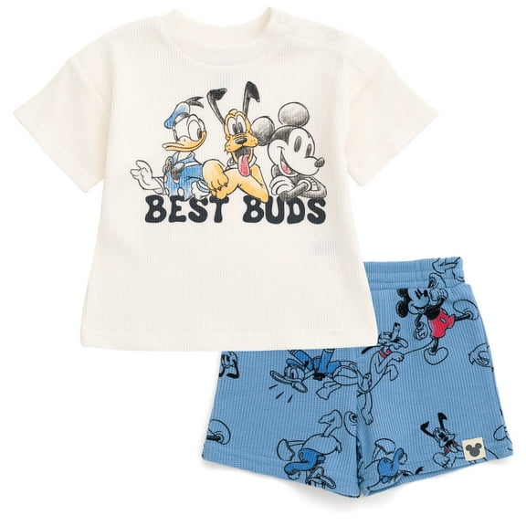 Disney Mickey Mouse Donald Duck Pluto Toddler Boys Waffle knit T-Shirt Shorts Outfit Set Newborn to Toddler