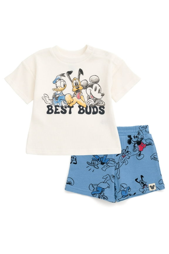 Mickey Mouse Donald Duck Pluto Toddler Boys Waffle knit T-Shirt Shorts Outfit Set Newborn to Toddler