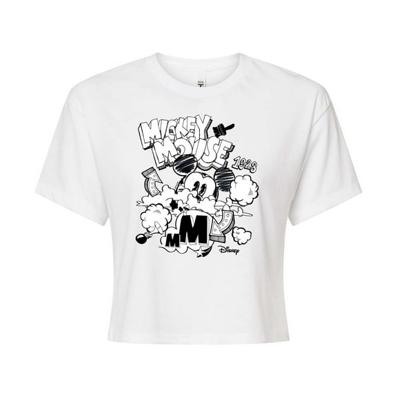 Disney - Mickey Mouse - Doodles & Clouds Sketch - Juniors Cropped Cotton Blend T-Shirt