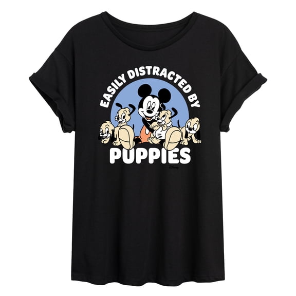 Disney - Mickey Mouse - Easily Distracted By Puppies - Juniors Ideal Flowy Muscle T-Shirt