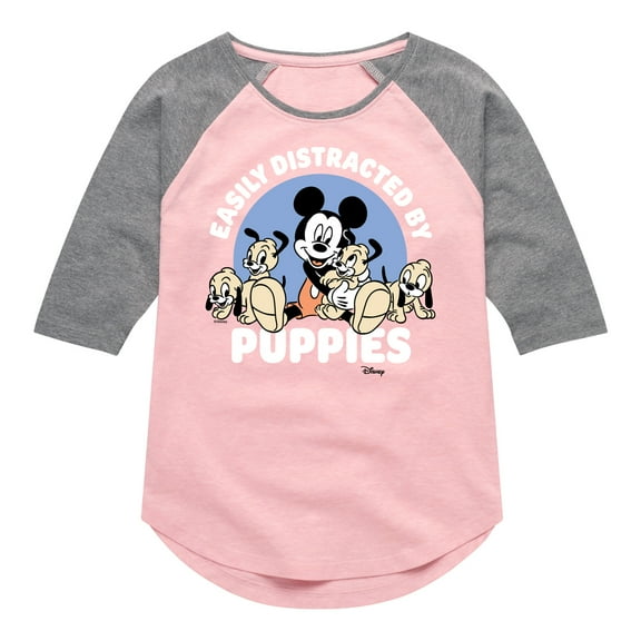 Disney - Mickey Mouse - Easily Distracted by Puppies - Toddler & Youth Girls Raglan Graphic T-Shirt