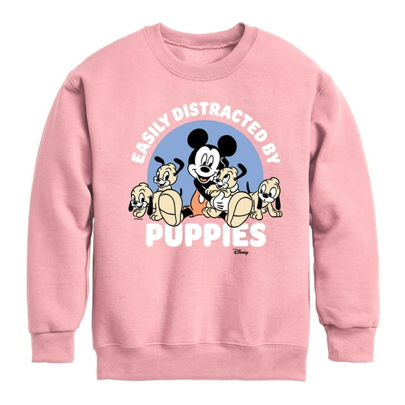 Disney - Mickey Mouse - Easily Distracted by Puppies - Youth Crewneck Fleece Sweatshirt