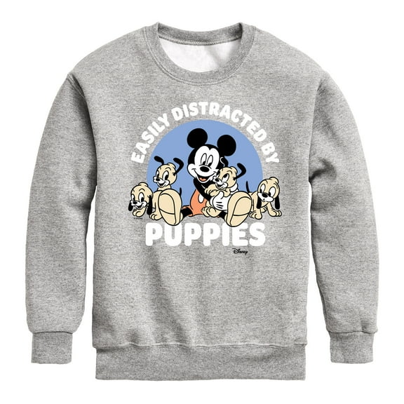 Disney - Mickey Mouse - Easily Distracted by Puppies - Youth Crewneck Fleece Sweatshirt