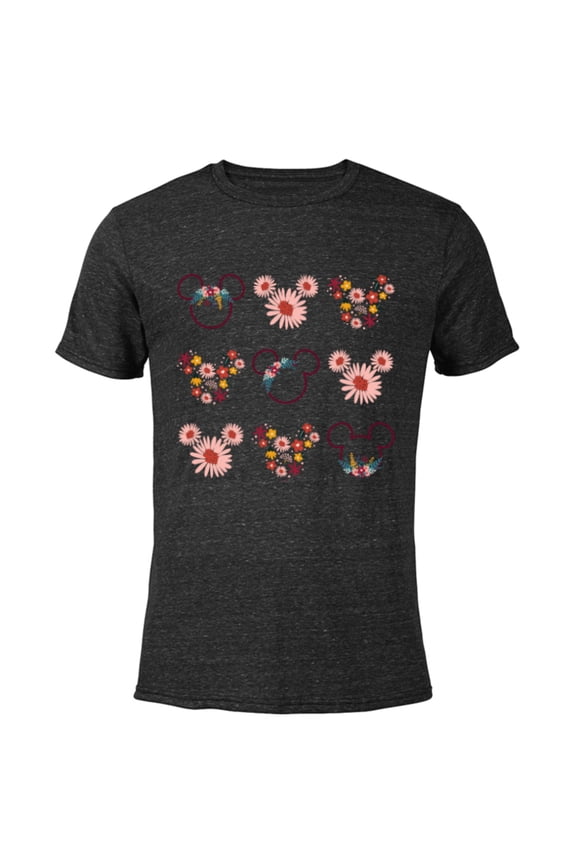 Mickey Mouse Flowers and Daisy Print - Short Sleeve Blended T-Shirt for Adults - Customized-Black