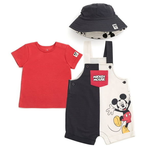 Disney Mickey Mouse French Terry Short Overalls, T-Shirt and Bucket Sun Hat 3 Piece Outfit Set Newborn to Infant