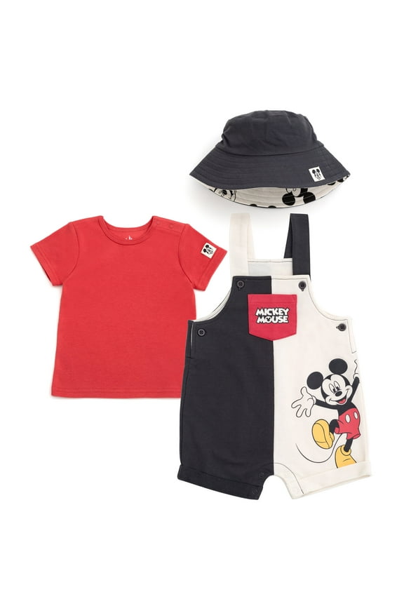 Disney Mickey Mouse French Terry Short Overalls, T-Shirt and Bucket Sun Hat 3 Piece Outfit Set Newborn to Infant