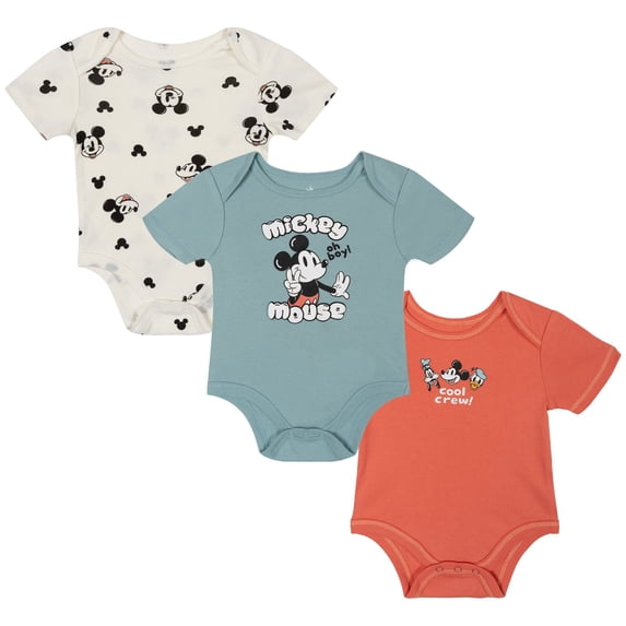 Disney Mickey Mouse Baby Boys' 3-Pack Short Sleeve Bodysuits Red Blue