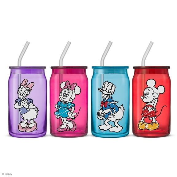 Disney Mickey Mouse & Friends Color Sketch Tumbler Glasses with Lids, 16-ounce, Set of 4
