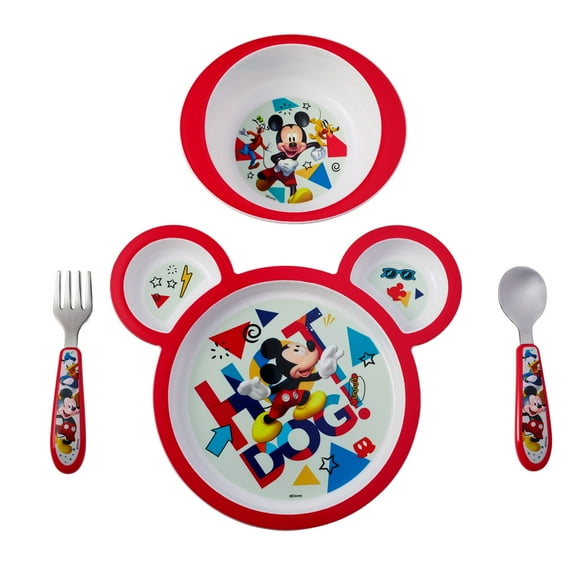 Disney Mickey Mouse Fun Feeding Set, Mickey Plate, Bowl, Knife & Fork Set, 4 Pieces