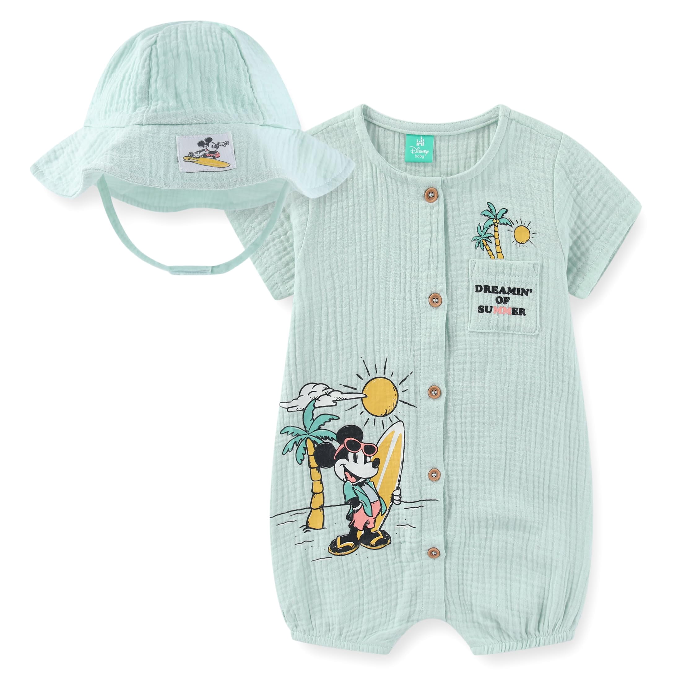 Disney Mickey Mouse Gauze Romper with Bucket Hat (Baby Boys), 2 Piece Set, Sizes 6M-24M