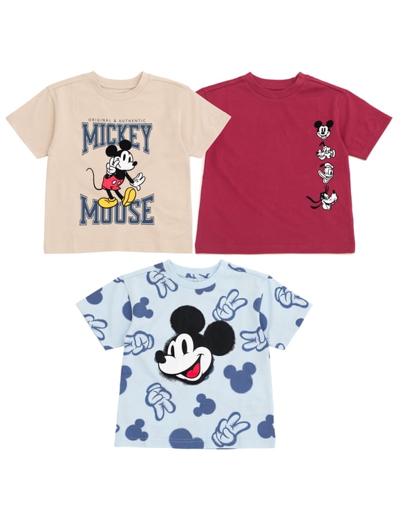 Mickey Mouse Big Boys' 3-Pack Short Sleeve T-Shirts Beige Burgundy Blue