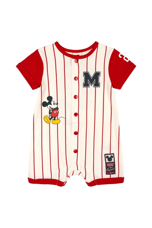 Disney Mickey Mouse Baby Boys' Short Sleeve Baseball Pajama Romper Tusk and Red Mickey Mouse and All Stars