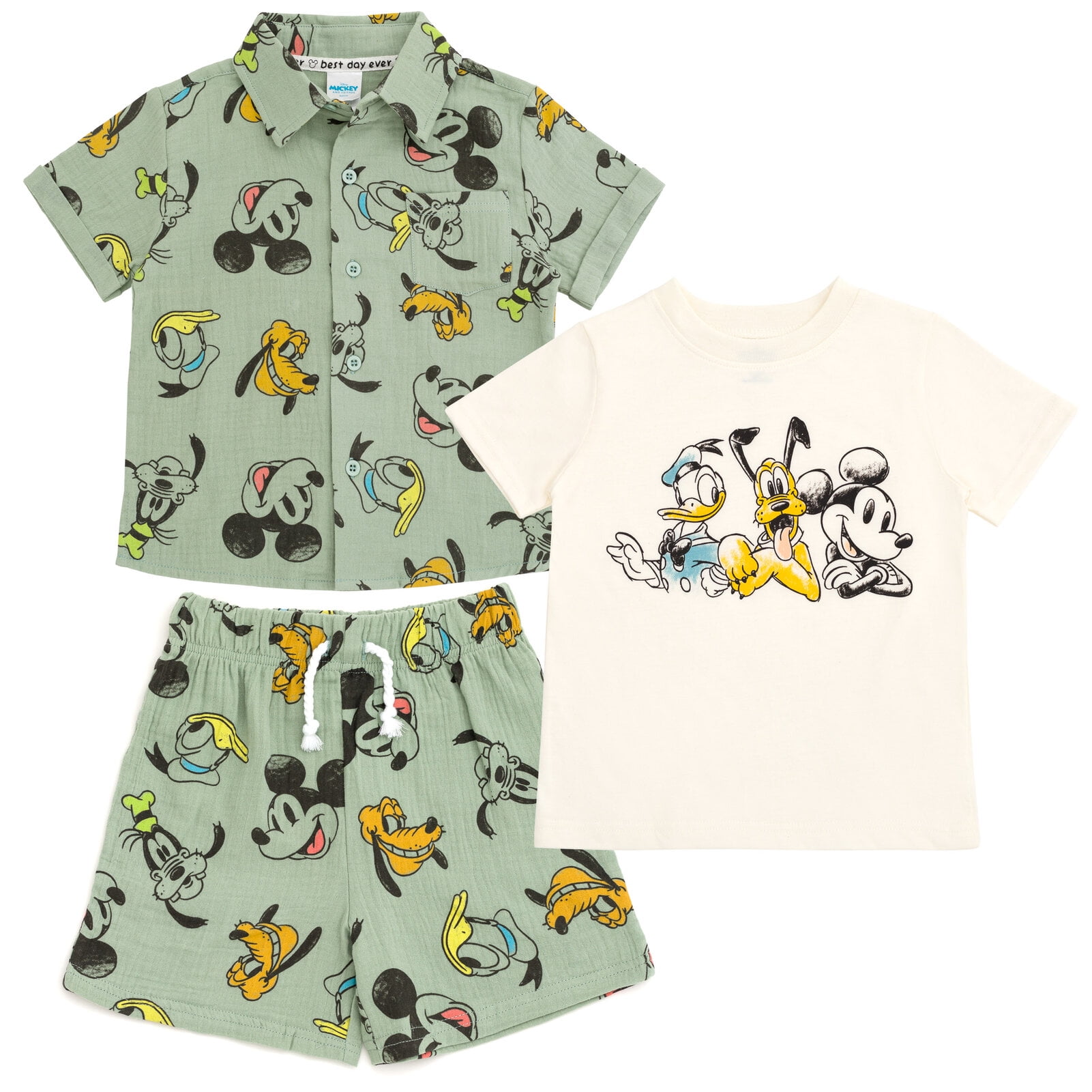 Disney Mickey Mouse Goofy Donald Duck Cotton Gauze Button Down Shirt, T-Shirt and Shorts 3 Piece Outfit Set Infant to Little Kid