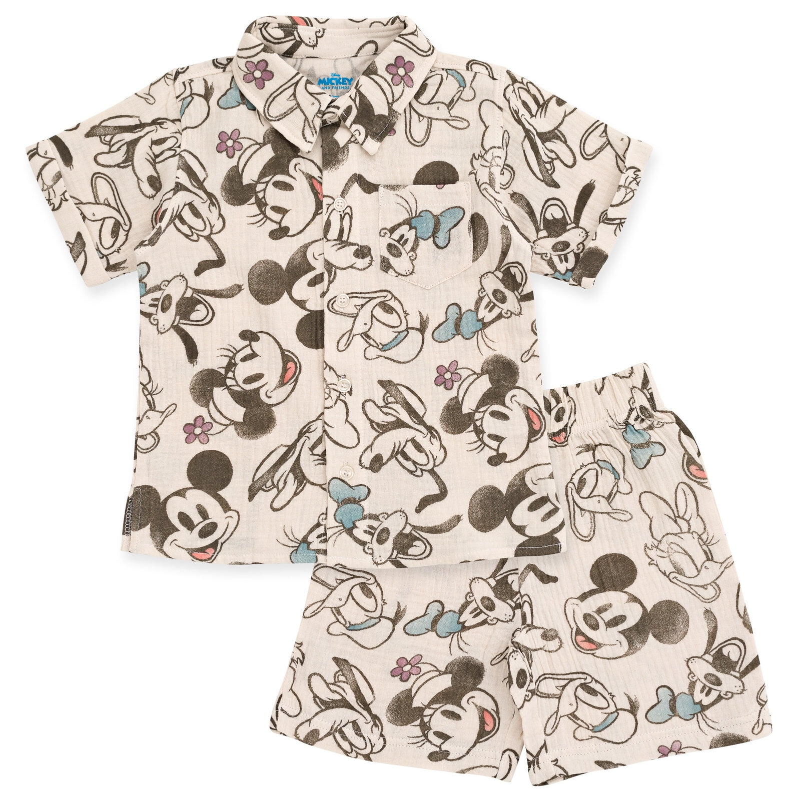 Disney Mickey Mouse Goofy Donald Duck Infant Baby Boys Cotton Gauze Button Down Dress Shirt and Shorts Outfit 18 Months