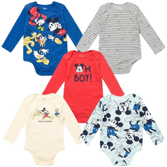 Disney Mickey Mouse Goofy Donald Duck Newborn Baby Boys 5 Pack Bodysuit Newborn to Infant