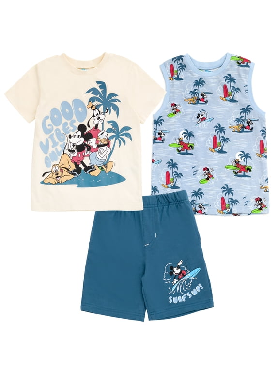 Mickey Mouse Goofy Donald Duck T-Shirt Tank Top and French Terry Shorts 3 Piece Outfit Set Toddler to Little Kid