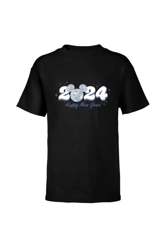 Mickey Mouse Head Disco Ball Happy New Year 2024 - Short Sleeve T-Shirt for Kids - Customized-Black