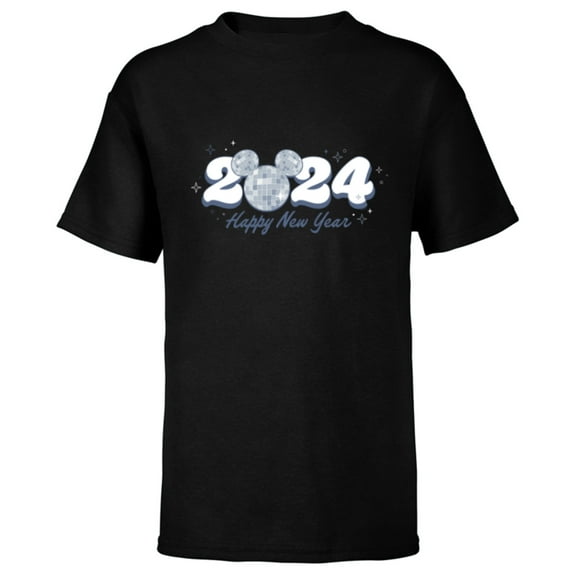 Disney Mickey Mouse Head Disco Ball Happy New Year 2024 - Short Sleeve T-Shirt for Kids - Customized-Black