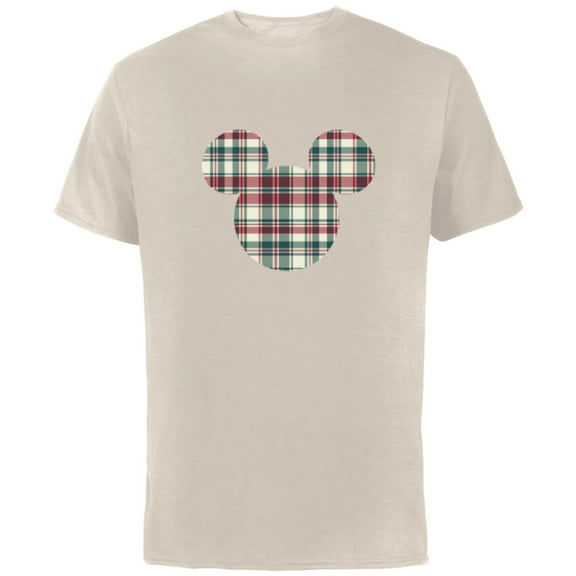 Disney Mickey Mouse Head Icon Christmas Holiday Plaid - Short Sleeve Cotton T-Shirt for Adults - Customized-Natural