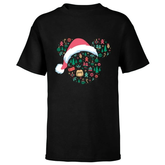 Disney Mickey Mouse Head Icon Christmas Holiday Santa Hat - Short Sleeve T-Shirt for Kids - Customized-Black