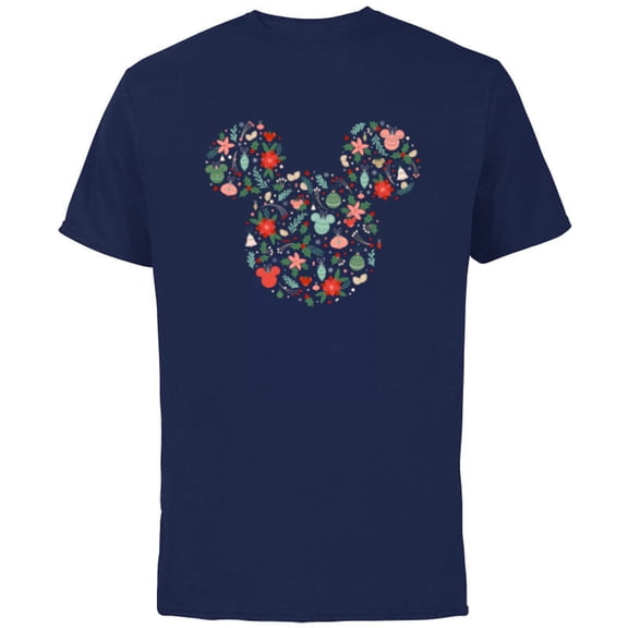Disney Mickey Mouse Head Icon Christmas Ornaments & Holly - Short Sleeve Cotton T-Shirt for Adults - Customized-Navy