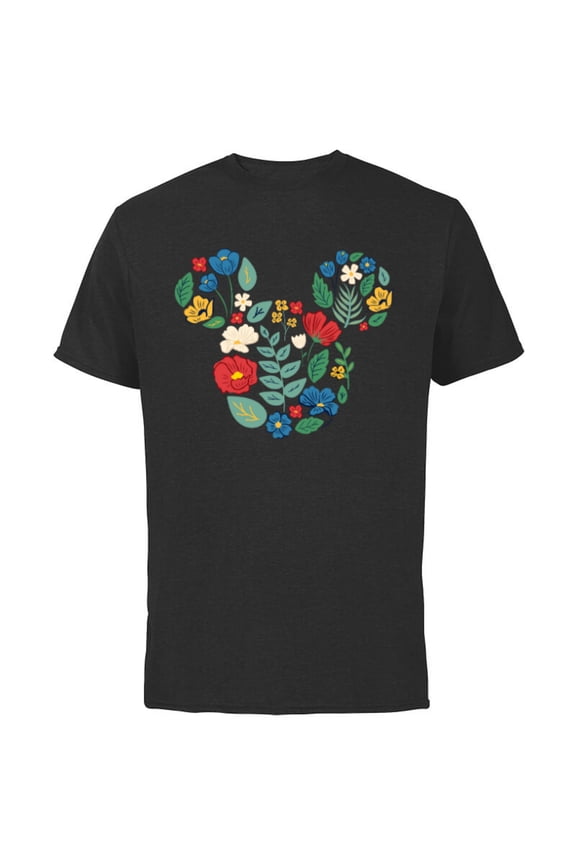 Mickey Mouse Head Shape Icon Flowers Garden Spring - Short Sleeve Cotton T-Shirt for Adults - Customized-Black