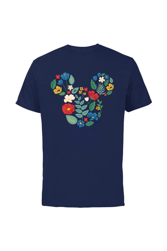 Mickey Mouse Head Shape Icon Flowers Garden Spring - Short Sleeve Cotton T-Shirt for Adults - Customized-Navy