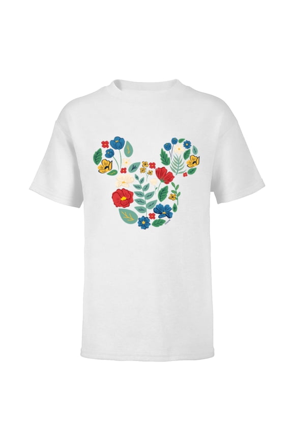 Mickey Mouse Head Shape Icon Flowers Garden Spring - Short Sleeve T-Shirt for Kids - Customized-White
